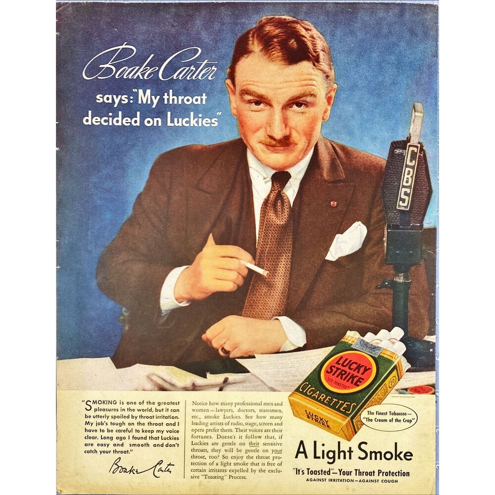 Lucky Strike Cigarettes "Boake Carter says My Throat Decided" Vtg Print Ad 1937